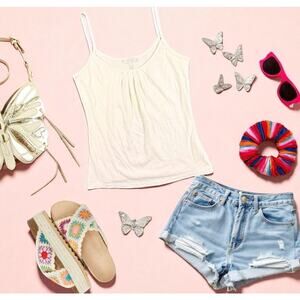 VTG 2008 Y2K Old Navy Basic Cami Tank Top Pleated Cream‎ Layer Beach Capsule S